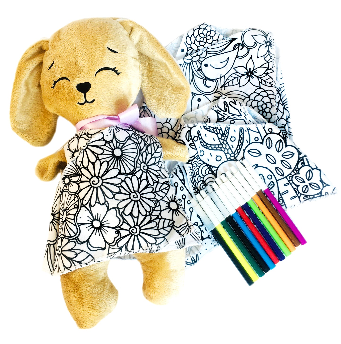 Conejo de peluche beige con 3 vestidos para colorear completamente lavables incluye set de plumones