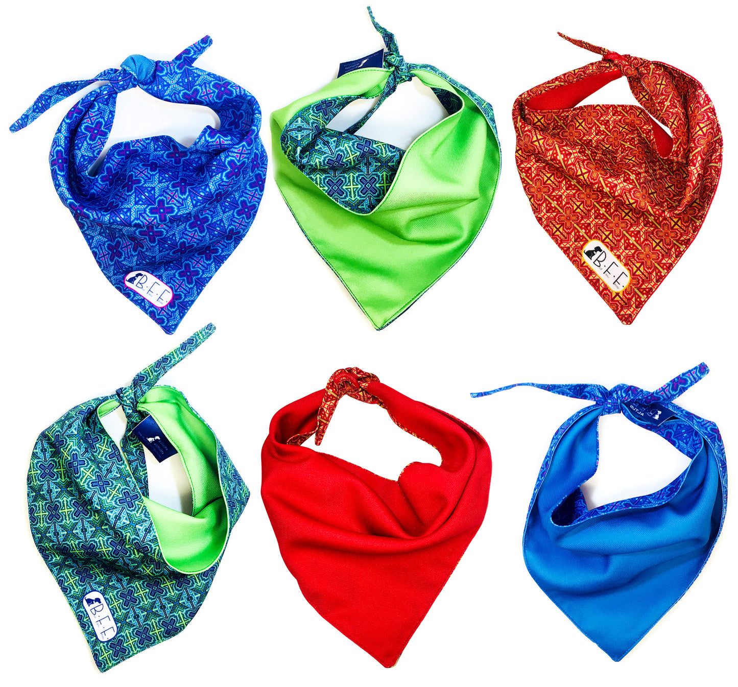 BFF Kit 3 bandanas artesanales doble vista para mascotas, 6 looks diferentes. Mod. BFF-S3P-001