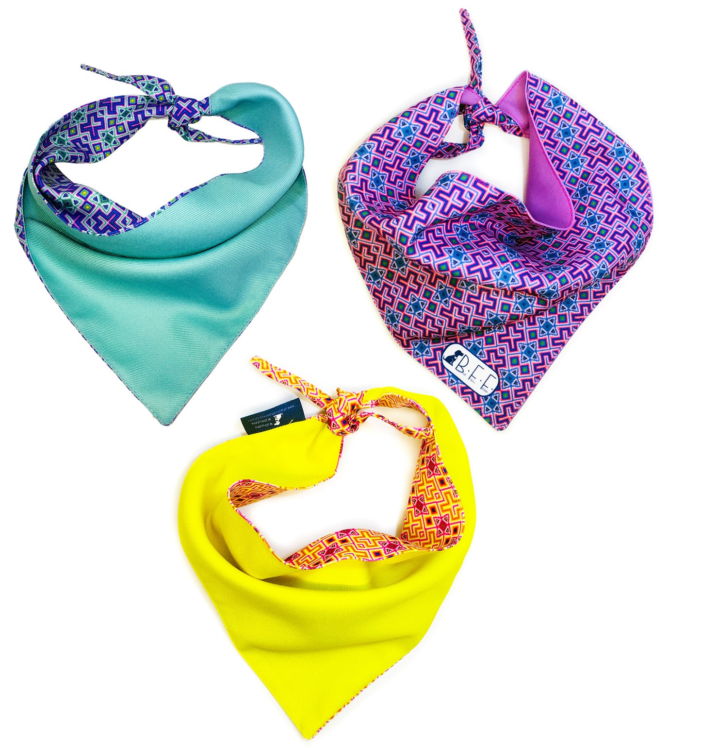 BFF Kit 3 bandanas artesanales doble vista para mascotas, 6 looks diferentes. Mod. BFF-S3P-002