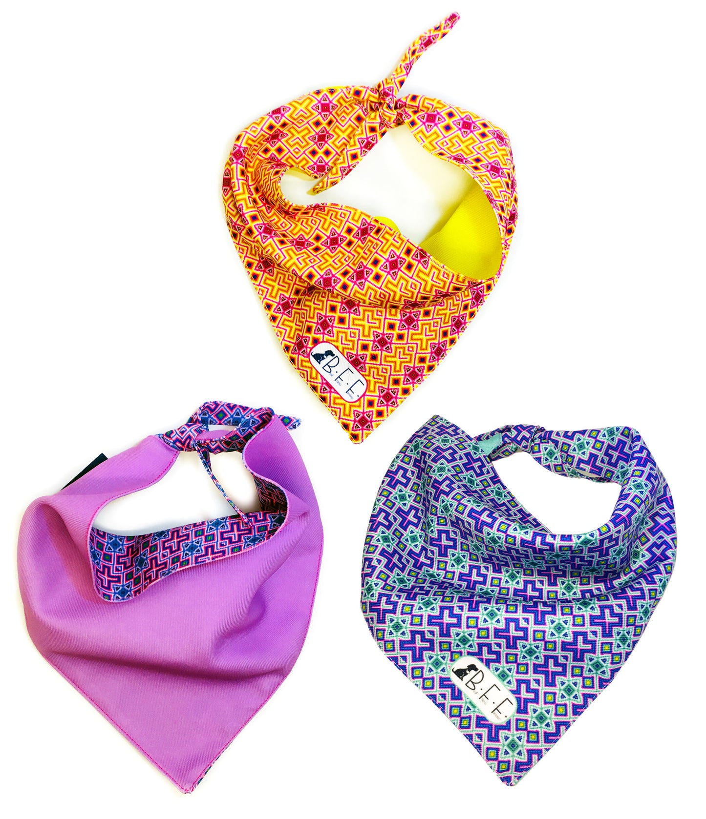 BFF Kit 3 bandanas artesanales doble vista para mascotas, 6 looks diferentes. Mod. BFF-S3P-002