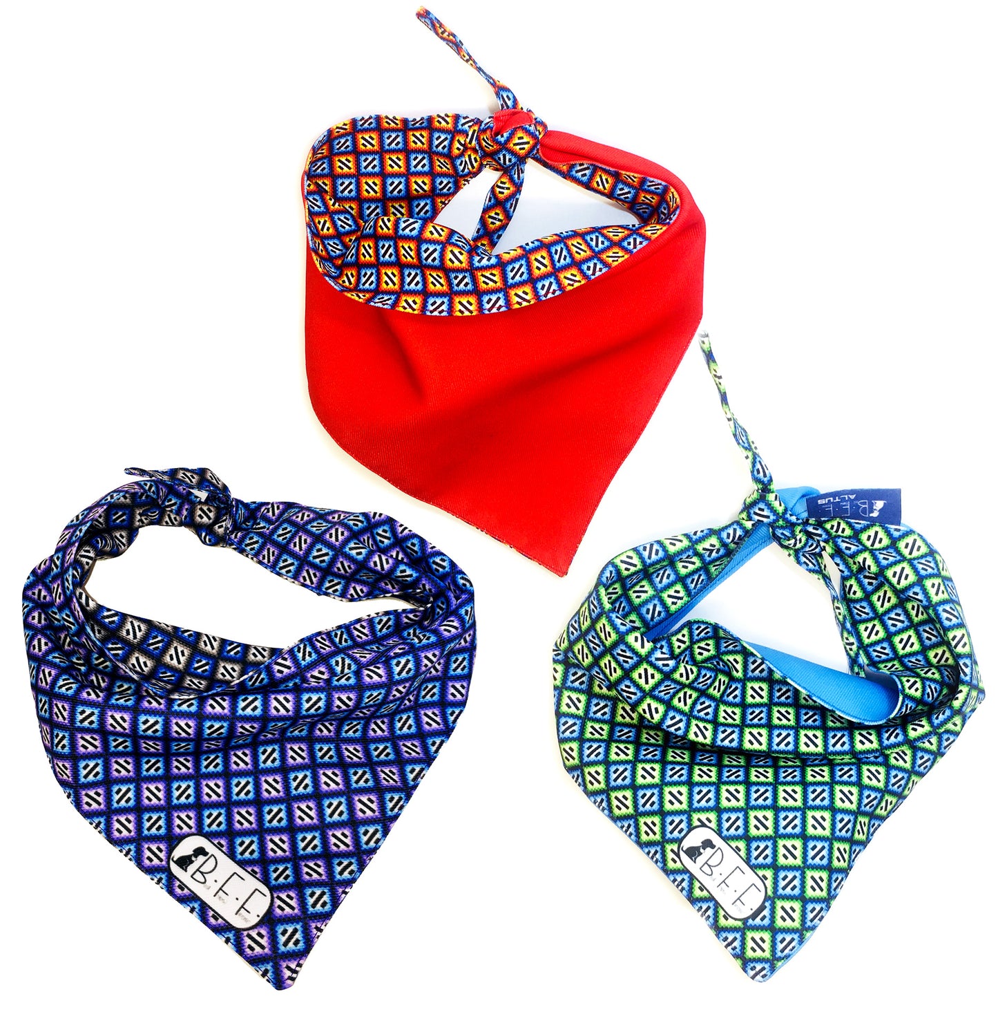 BFF Kit 3 bandanas artesanales doble vista para mascotas, 6 looks diferentes. Mod. BFF-S3P-006