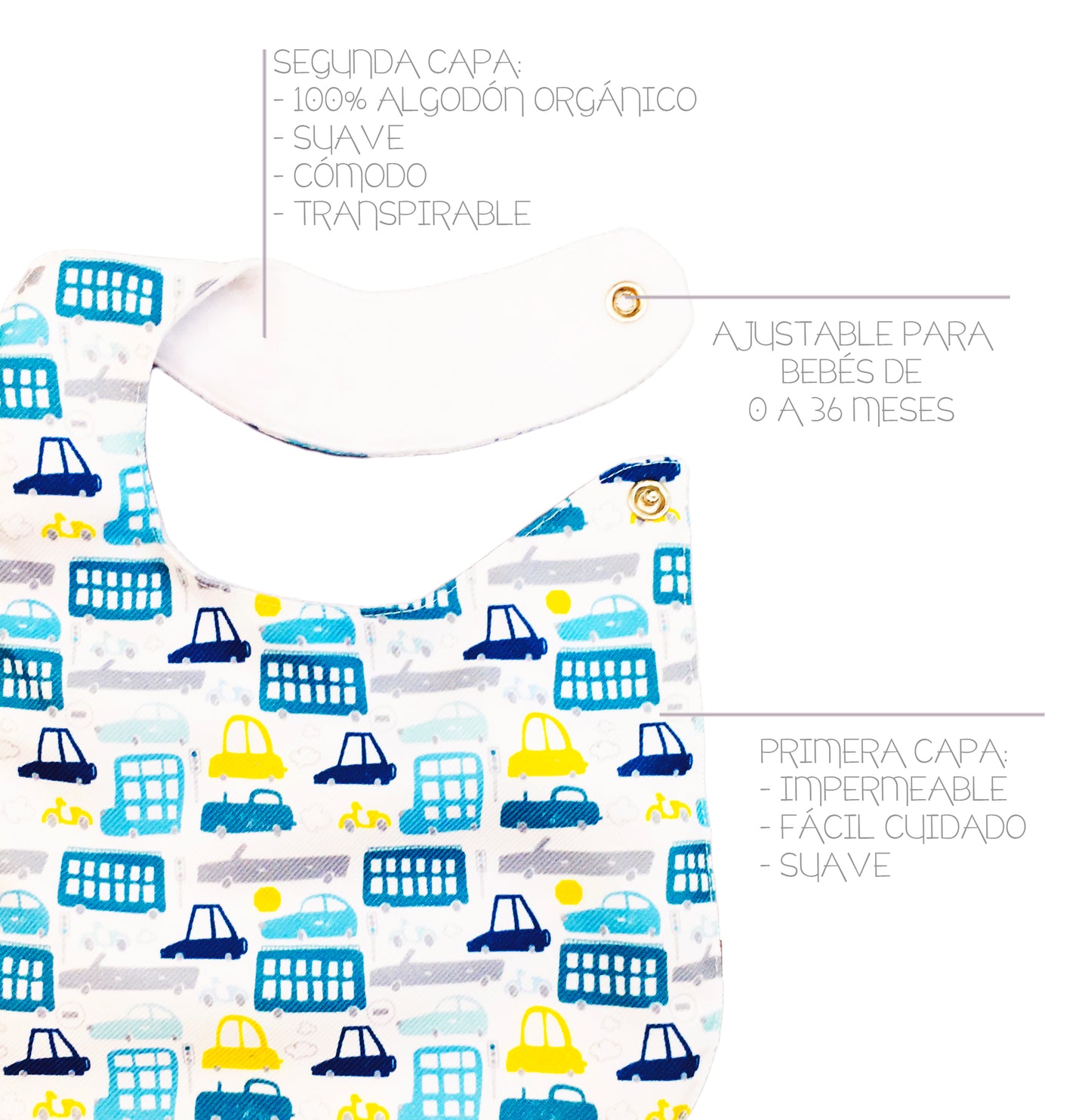 Kit 4 baberos para bebé impermeables de algodón orgánico. Mod. 029|Coches