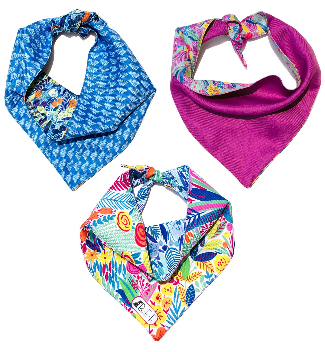 BFF Kit 3 bandanas artesanales doble vista para mascotas, 6 looks diferentes. Mod. BFF-S3P-015