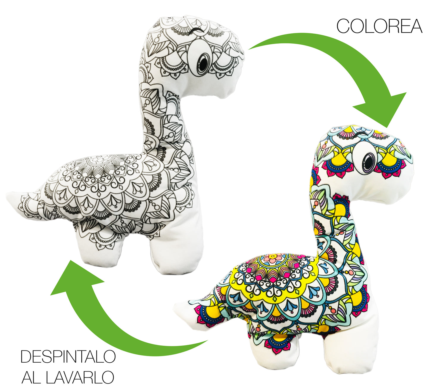 DINOSAURIO CUELLO LARGO MANDALA 3D- peluche para colorear lavable