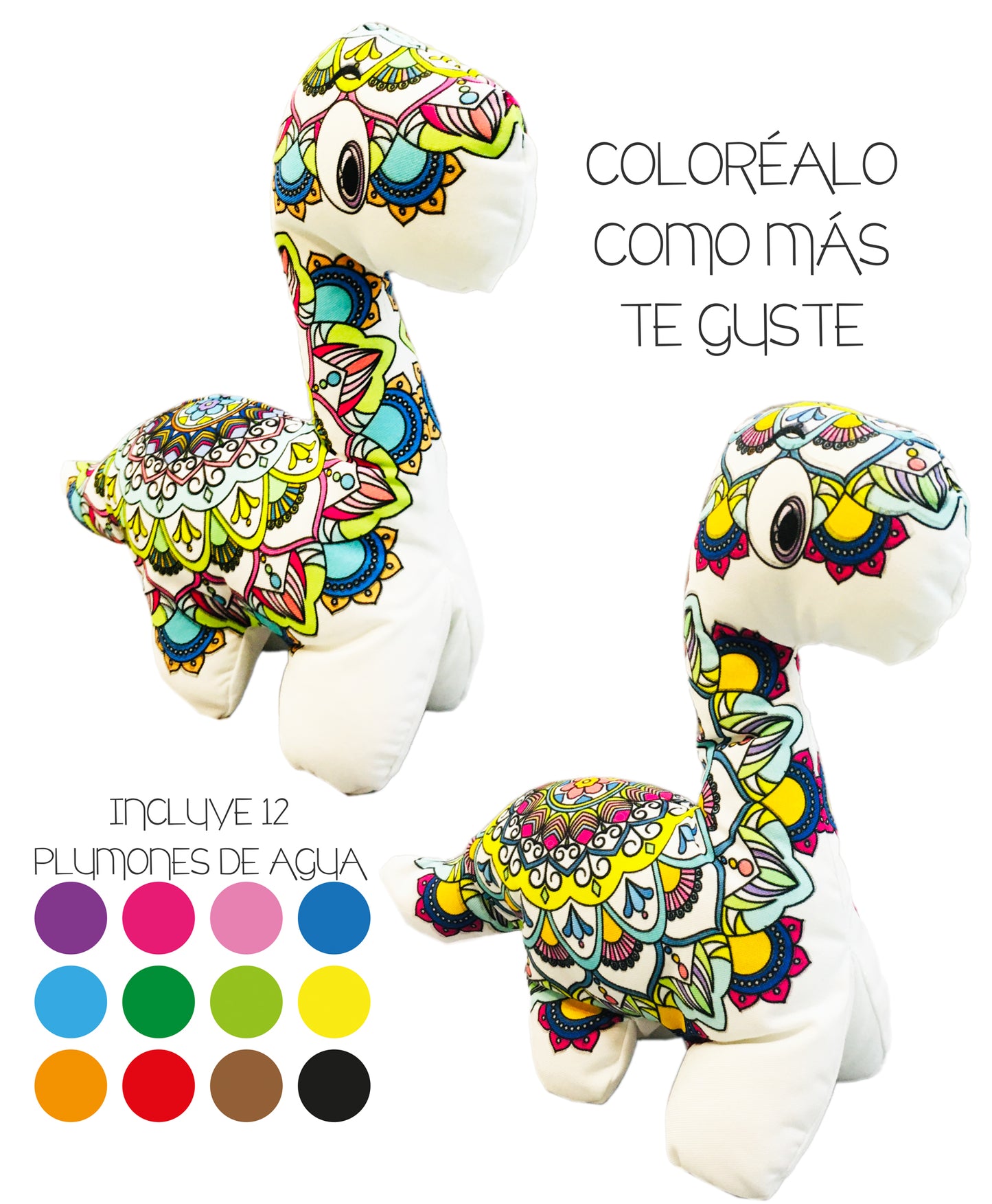 DINOSAURIO CUELLO LARGO MANDALA 3D- peluche para colorear lavable