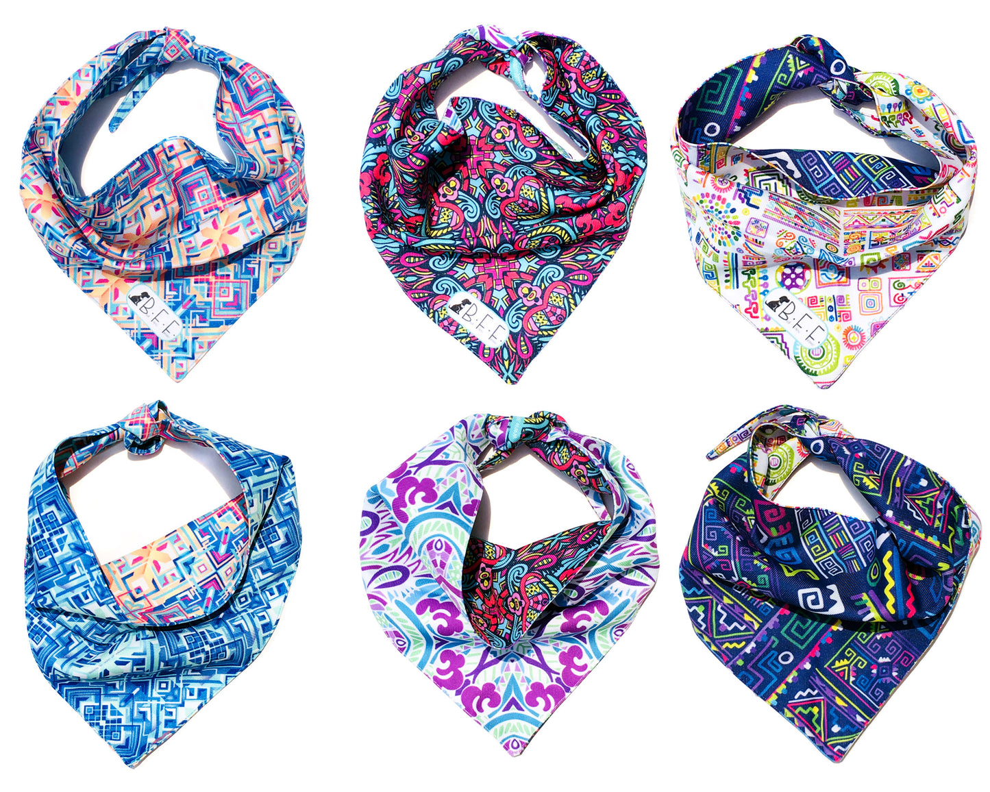 BFF Kit 3 bandanas artesanales doble vista para mascotas, 6 looks diferentes. Mod. BFF-S3P-010