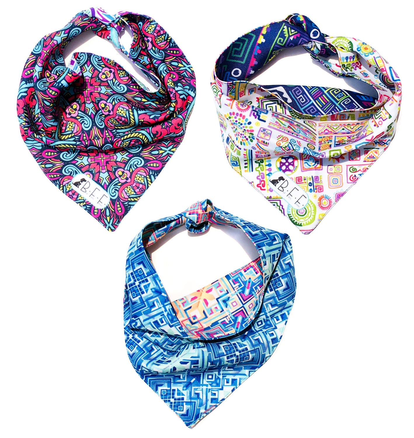 BFF Kit 3 bandanas artesanales doble vista para mascotas, 6 looks diferentes. Mod. BFF-S3P-010