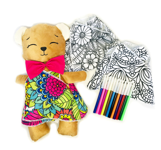 Oso de peluche beige con 3 vestidos para colorear completamente lavables incluye set de plumones