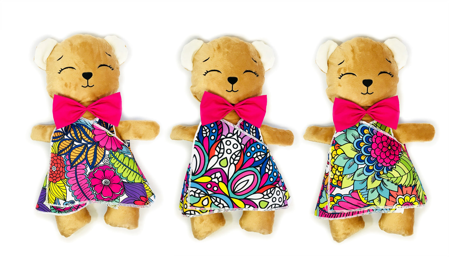 Oso de peluche beige con 3 vestidos para colorear completamente lavables incluye set de plumones