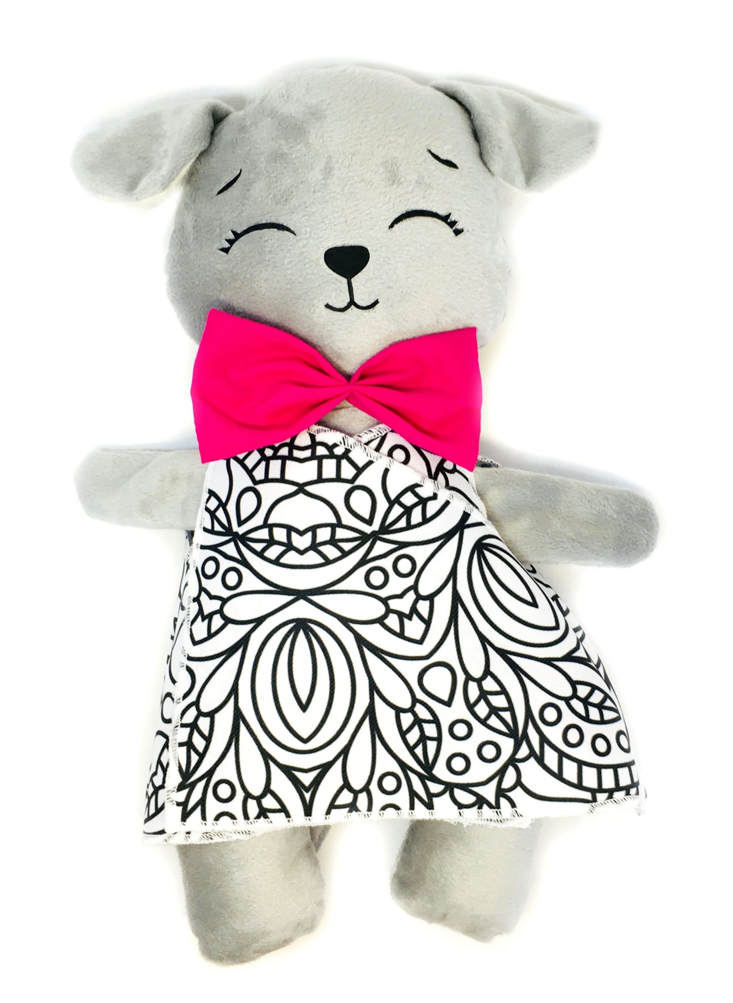 Perro de peluche gris con 3 vestidos para colorear completamente lavables incluye set de plumones