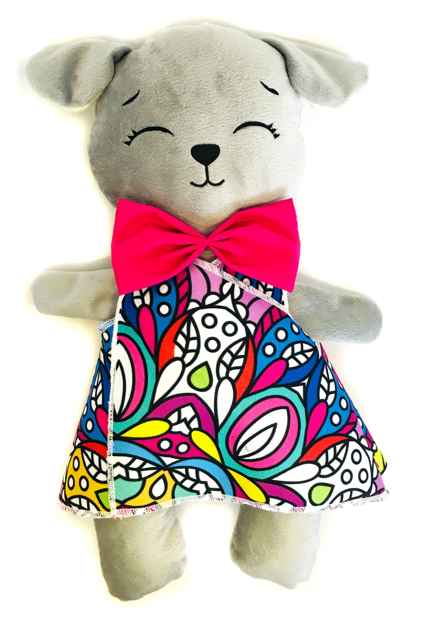 Perro de peluche gris con 3 vestidos para colorear completamente lavables incluye set de plumones