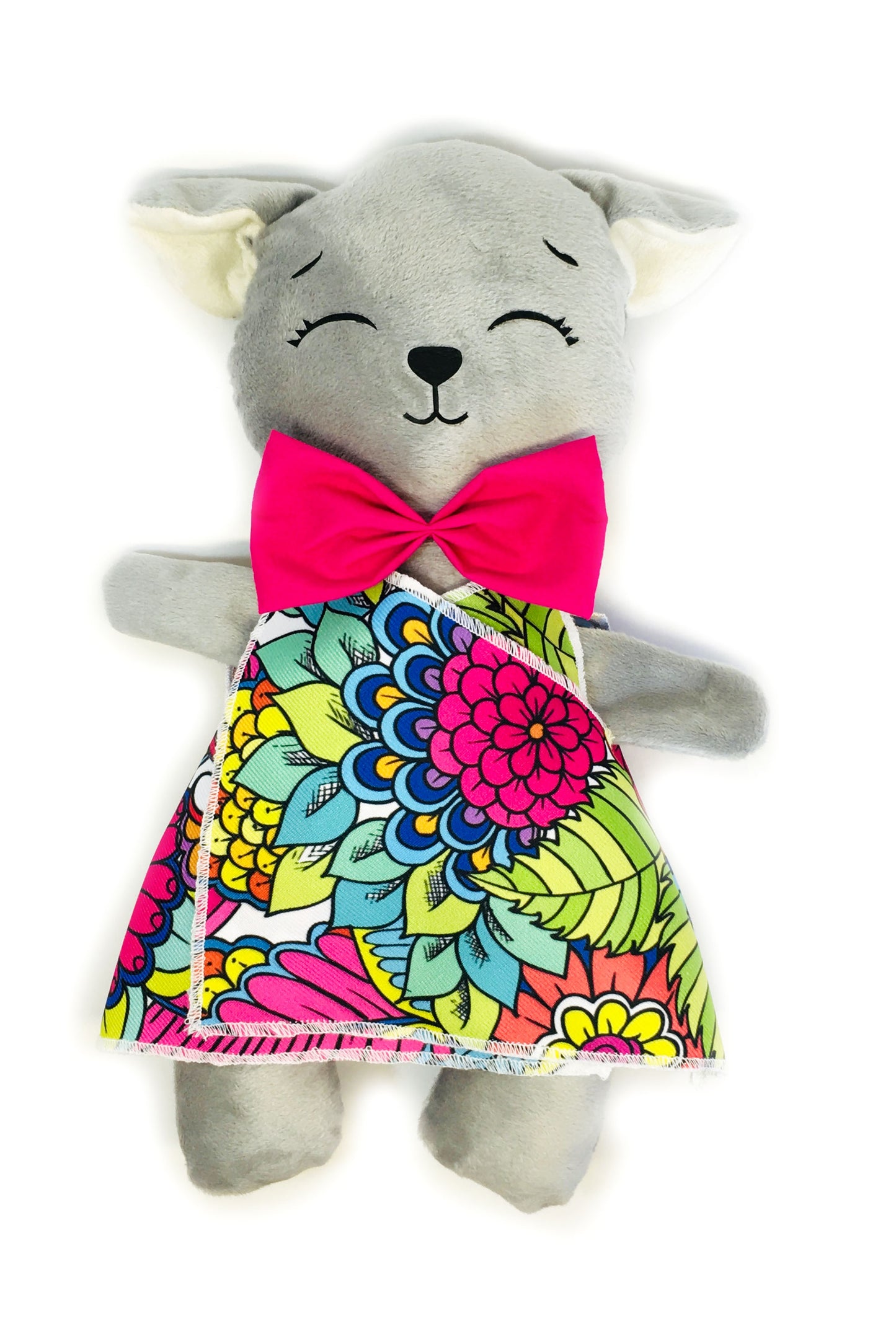 Perro de peluche gris con 3 vestidos para colorear completamente lavables incluye set de plumones