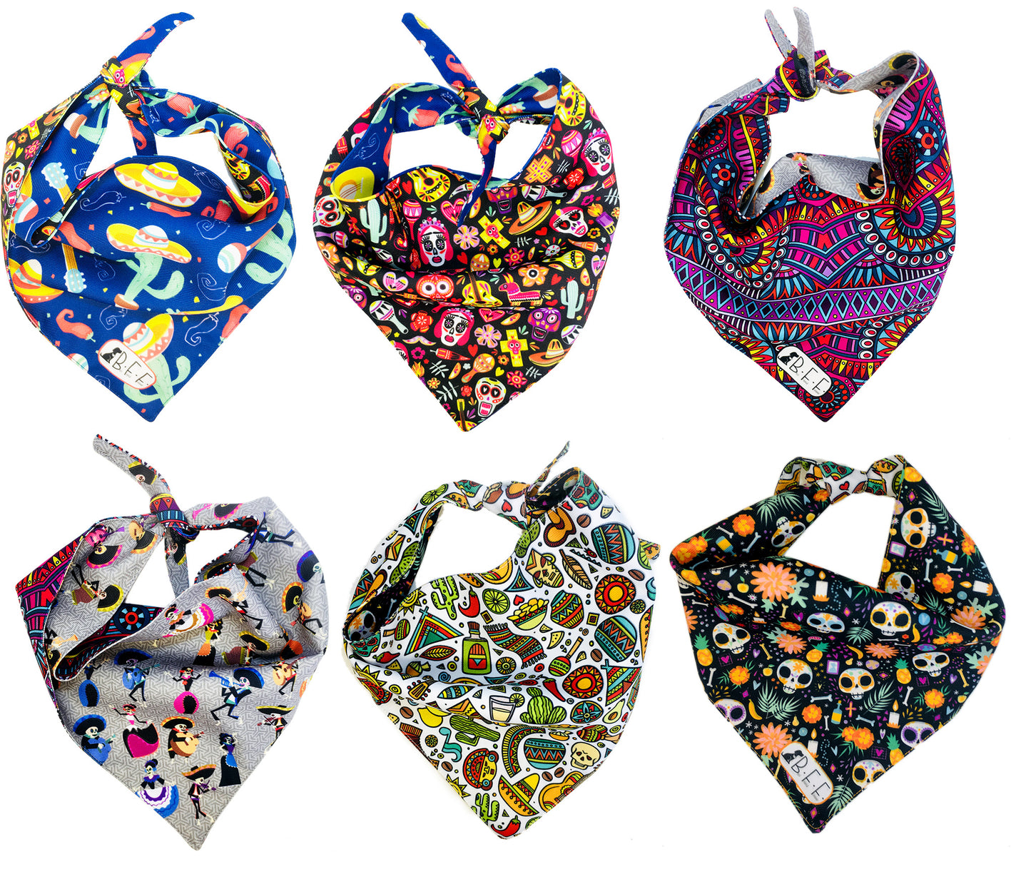 BFF Kit 3 bandanas artesanales doble vista para mascotas, 6 looks diferentes. Mod. BFF-S3P-027