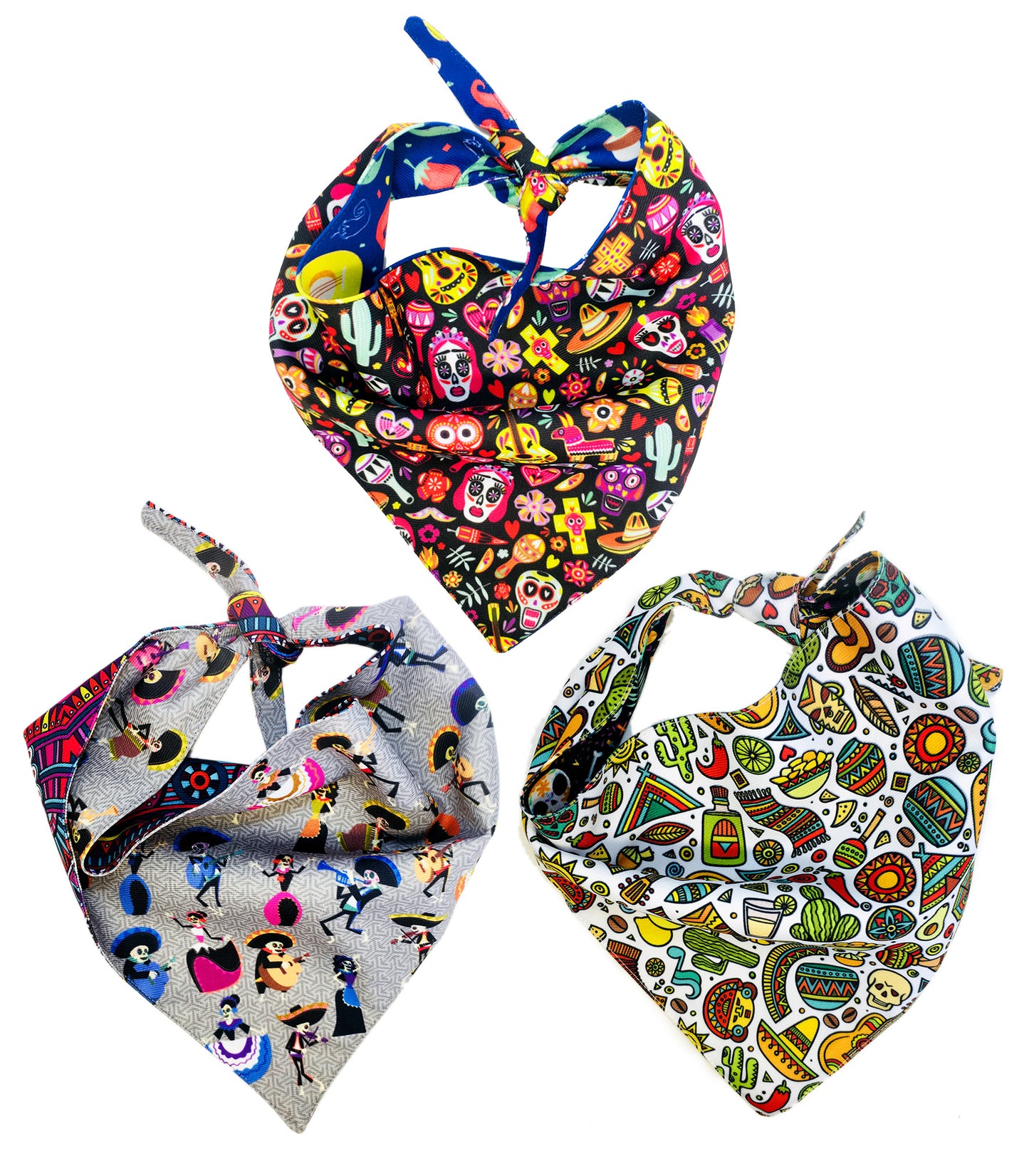 BFF Kit 3 bandanas artesanales doble vista para mascotas, 6 looks diferentes. Mod. BFF-S3P-027