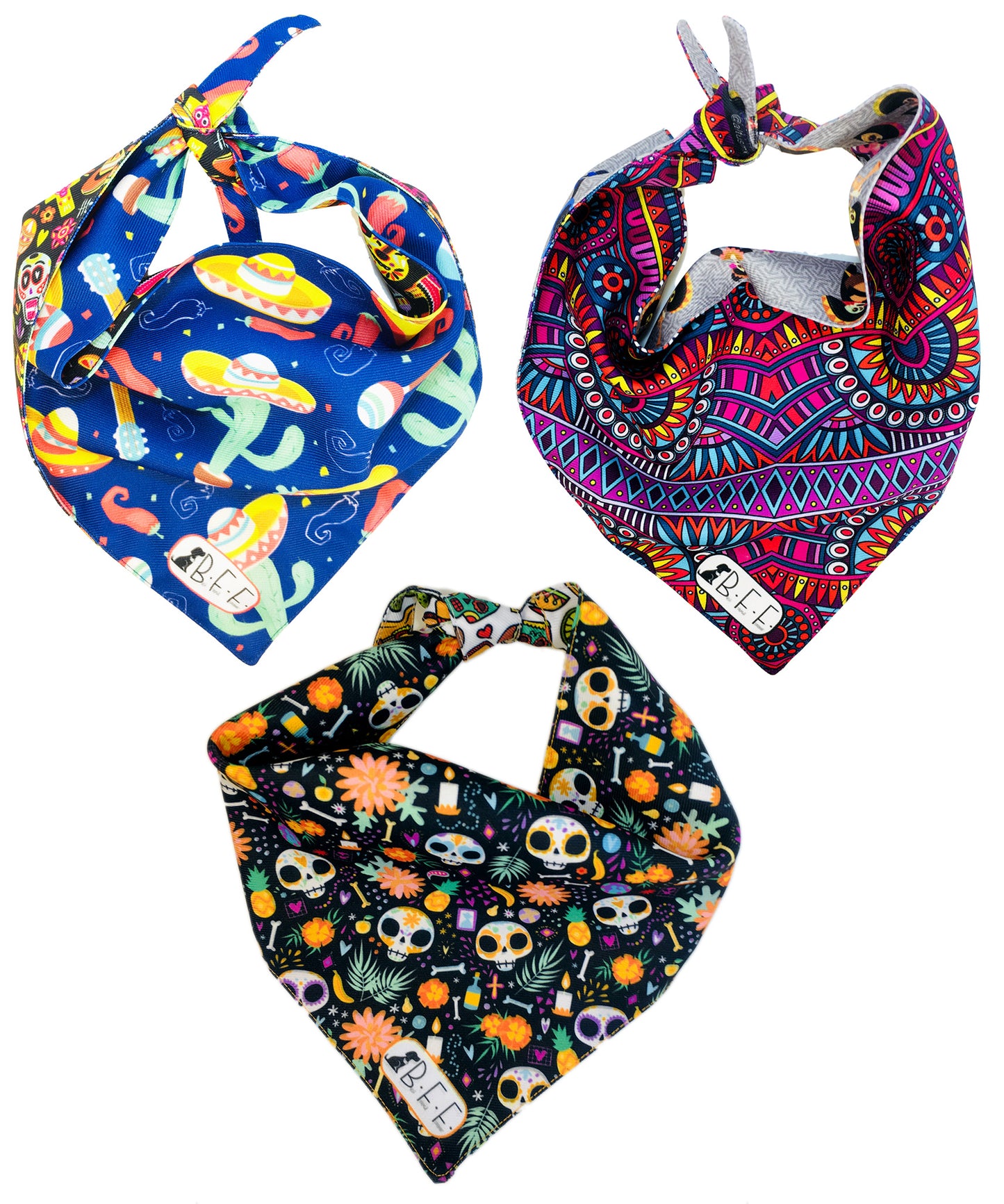 BFF Kit 3 bandanas artesanales doble vista para mascotas, 6 looks diferentes. Mod. BFF-S3P-027