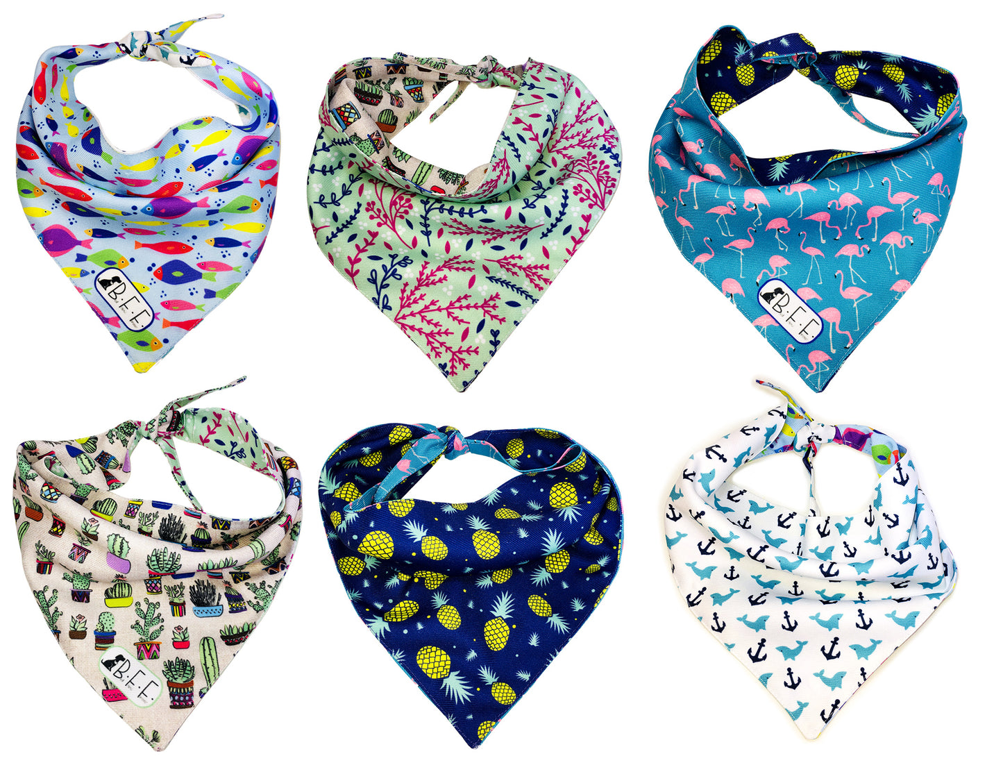 BFF Kit 3 bandanas artesanales doble vista para mascotas, 6 looks diferentes. Mod. BFF-S3P-018