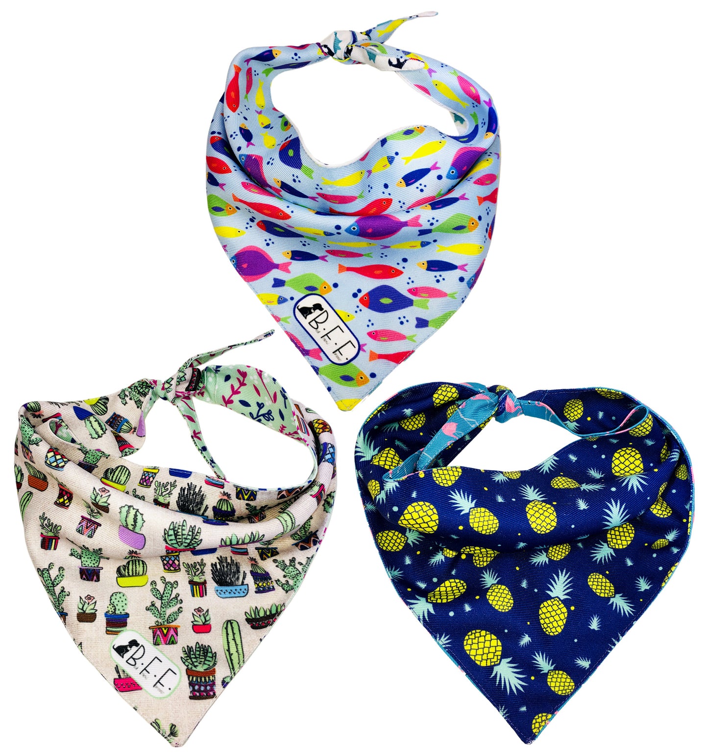 BFF Kit 3 bandanas artesanales doble vista para mascotas, 6 looks diferentes. Mod. BFF-S3P-018