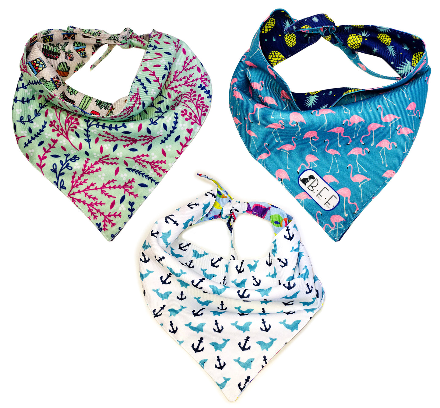 BFF Kit 3 bandanas artesanales doble vista para mascotas, 6 looks diferentes. Mod. BFF-S3P-018