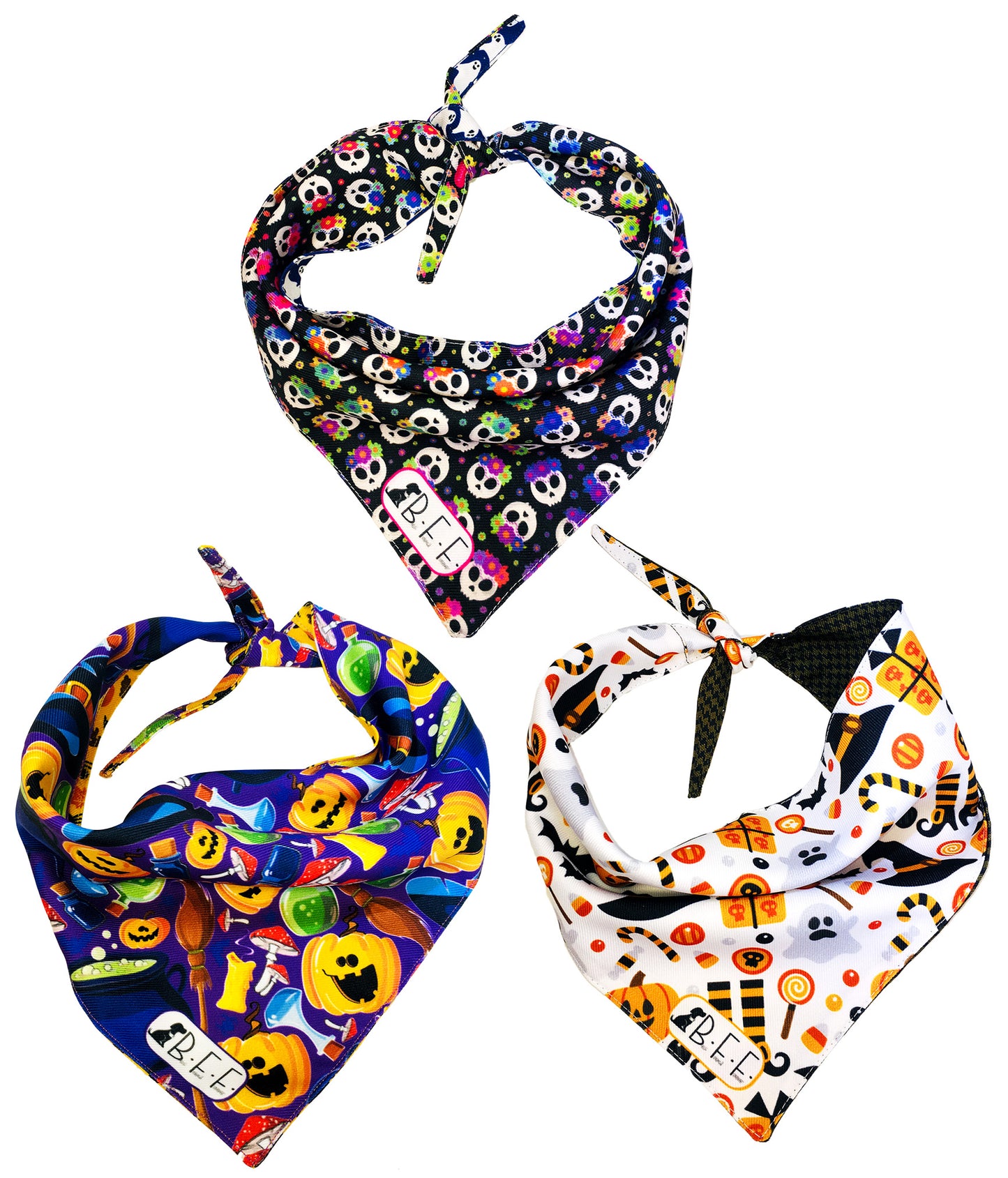 BFF Kit 3 bandanas artesanales doble vista para mascotas, 6 looks diferentes. Mod. BFF-S3P-025