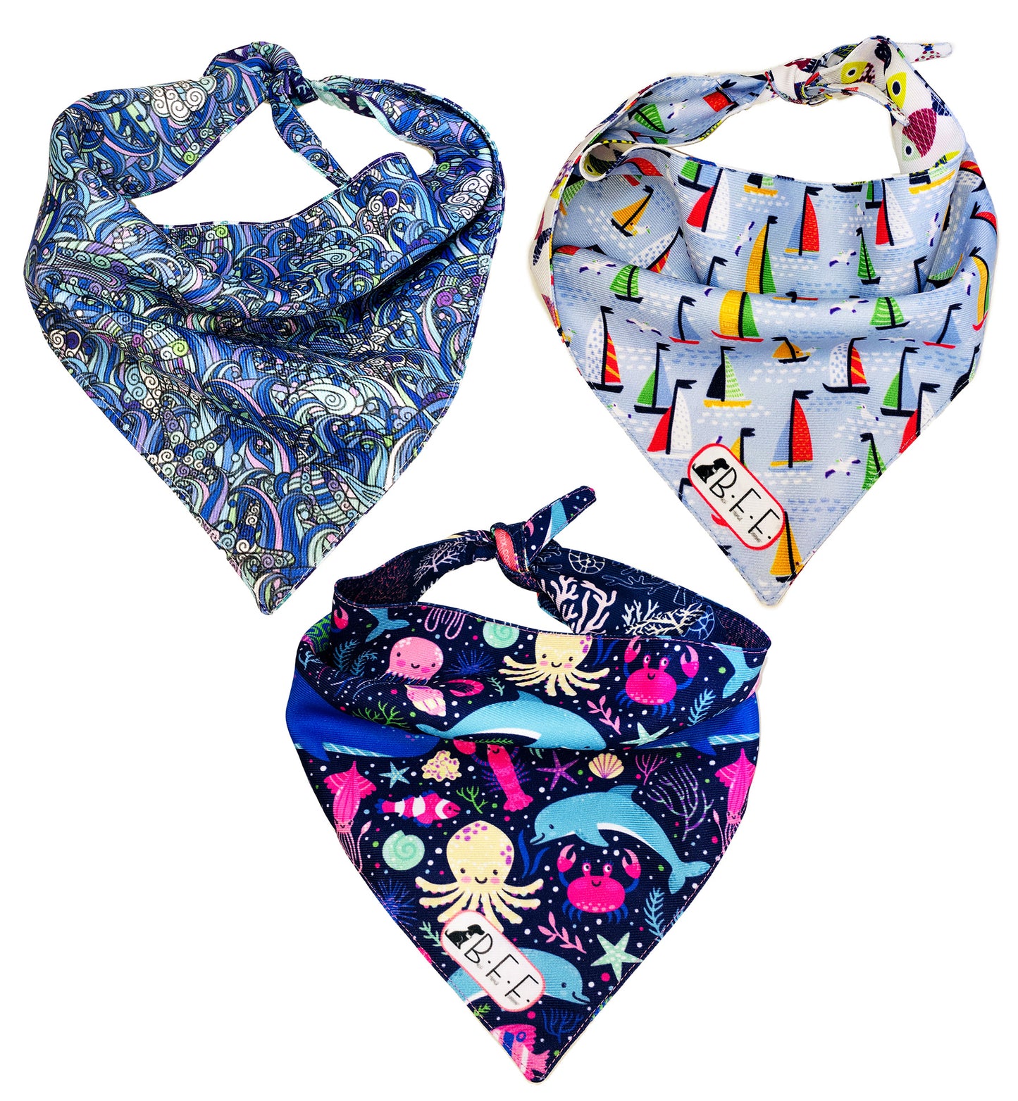 BFF Kit 3 bandanas artesanales doble vista para mascotas, 6 looks diferentes. Mod. BFF-S3P-024