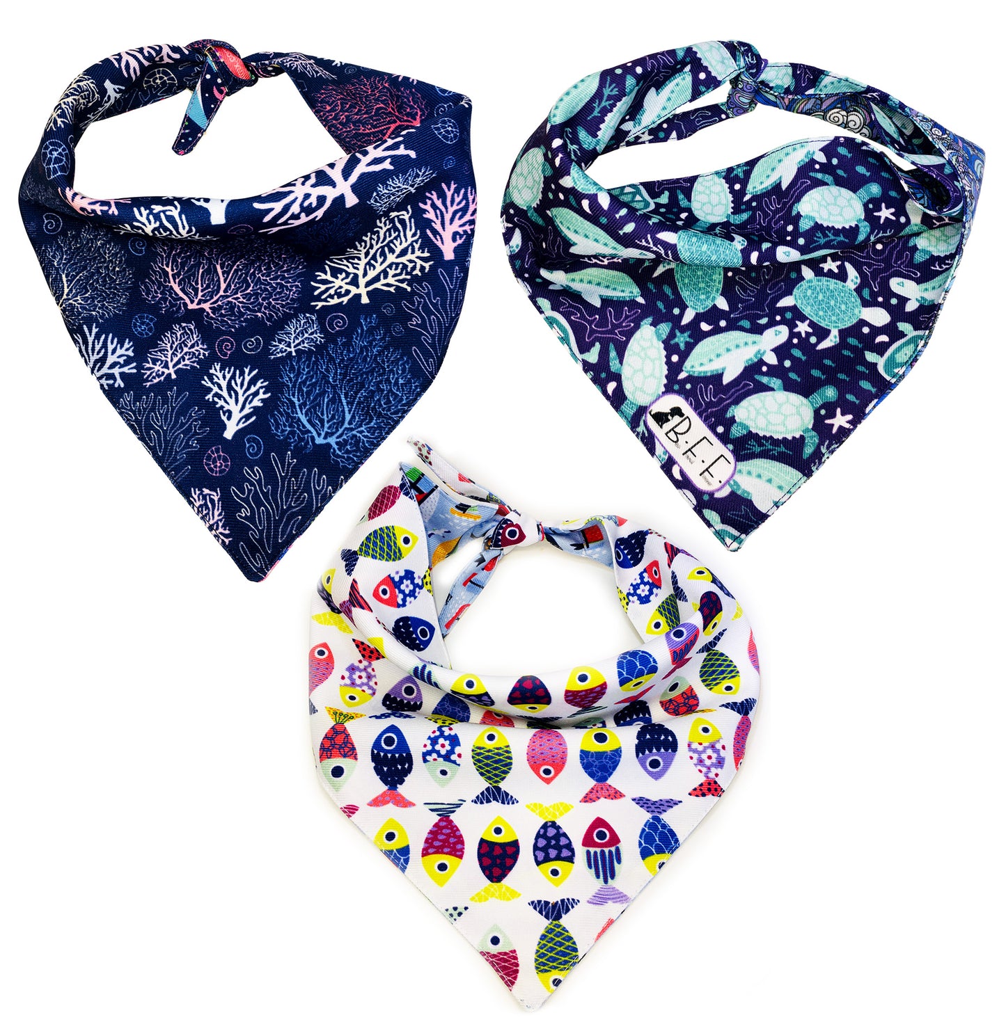 BFF Kit 3 bandanas artesanales doble vista para mascotas, 6 looks diferentes. Mod. BFF-S3P-024