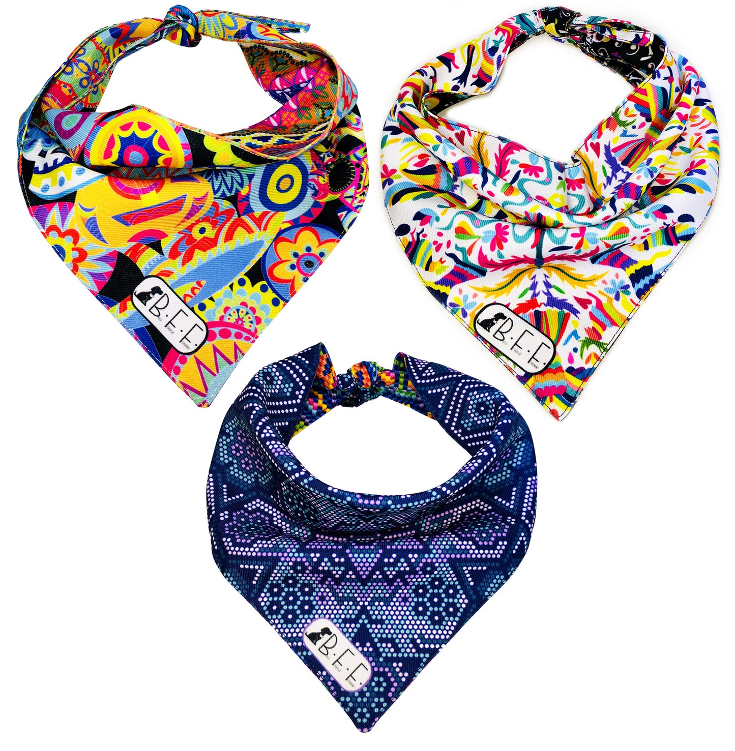 BFF Kit 3 bandanas artesanales doble vista para mascotas, 6 looks diferentes. Mod. BFF-S3P-019