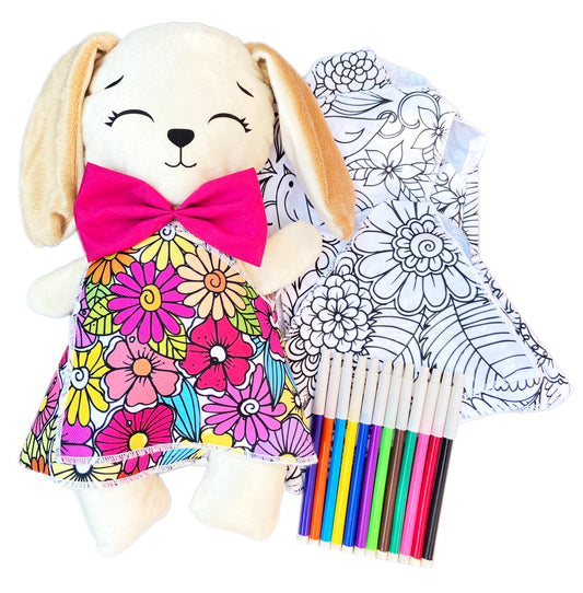 Conejo de peluche con 3 vestidos para colorear completamente lavables incluye set de plumones