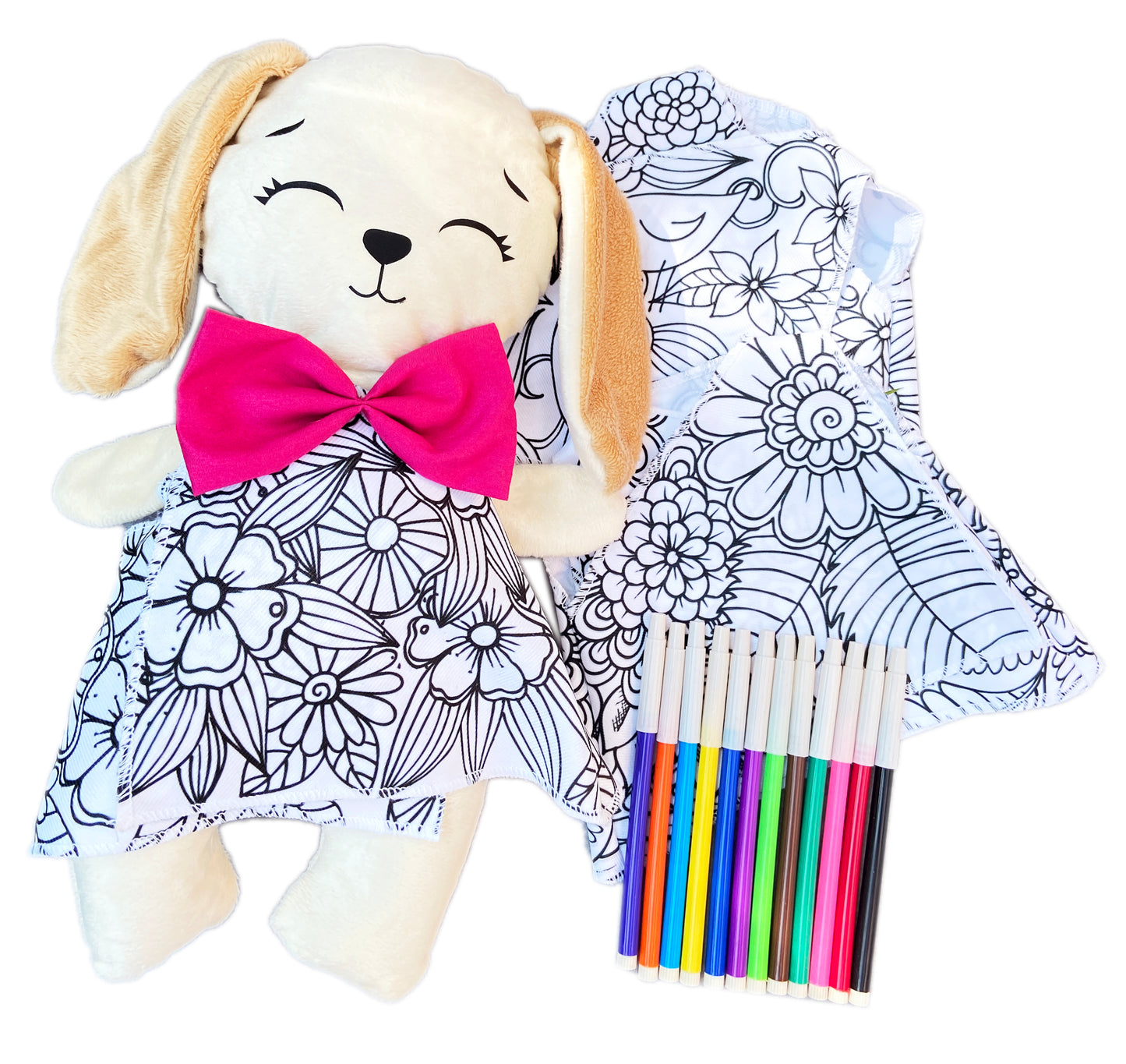 Conejo de peluche con 3 vestidos para colorear completamente lavables incluye set de plumones