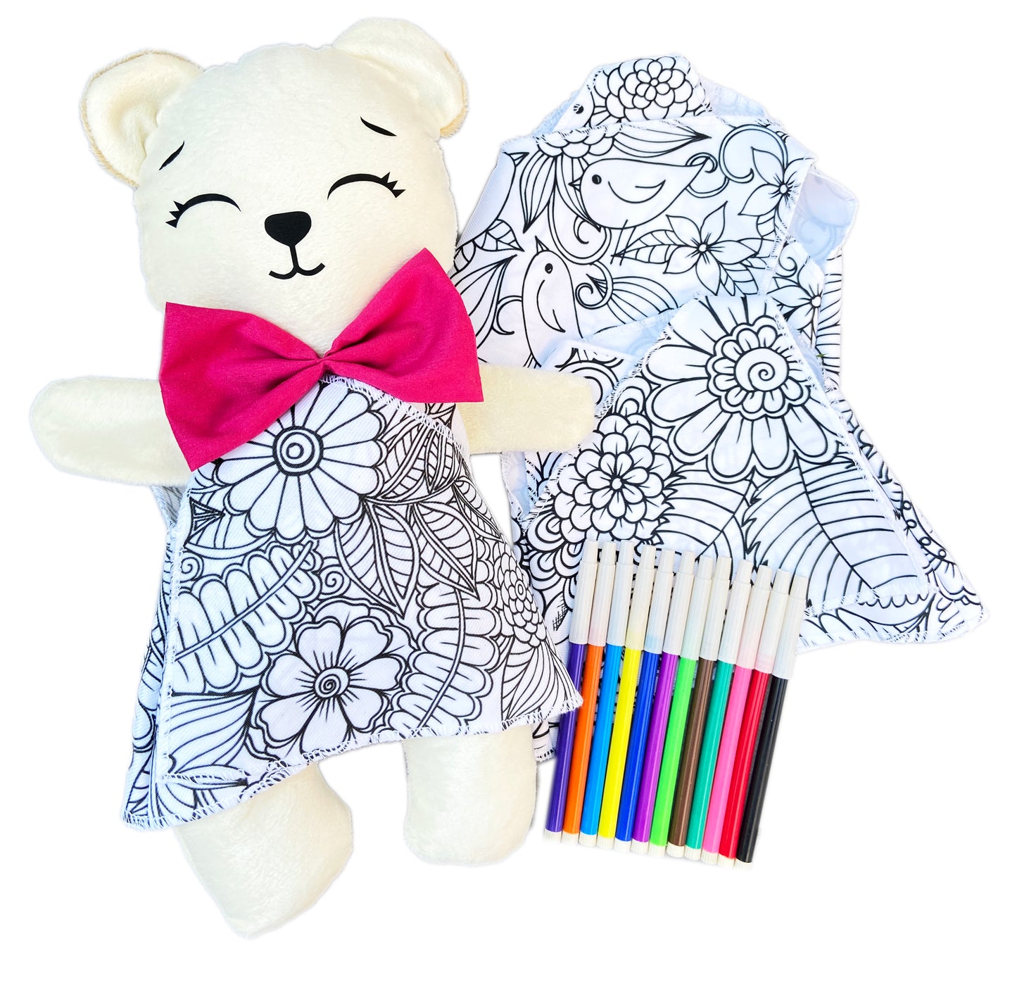 Oso de peluche blanco con 3 vestidos para colorear completamente lavables incluye set de plumones