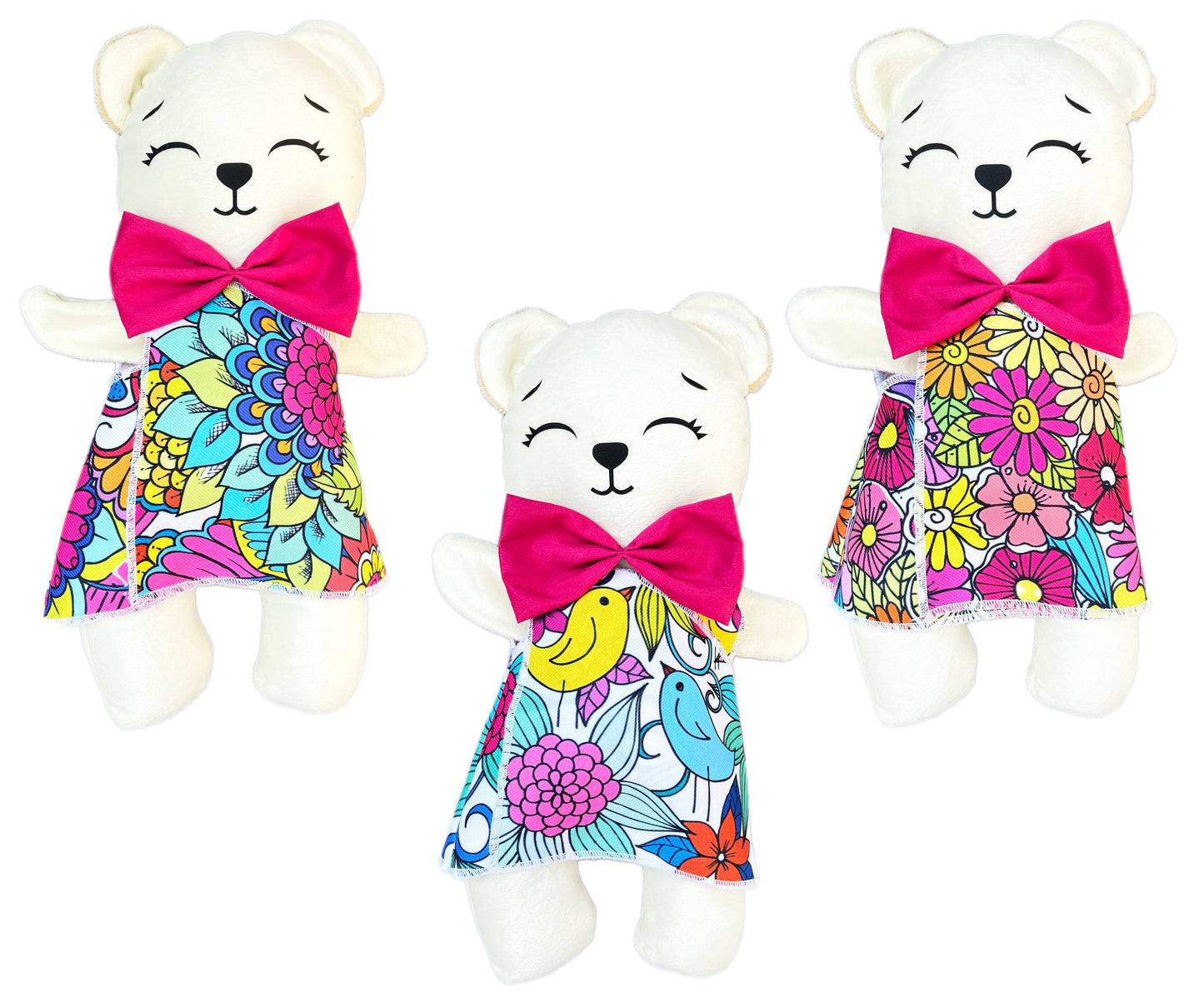 Oso de peluche blanco con 3 vestidos para colorear completamente lavables incluye set de plumones