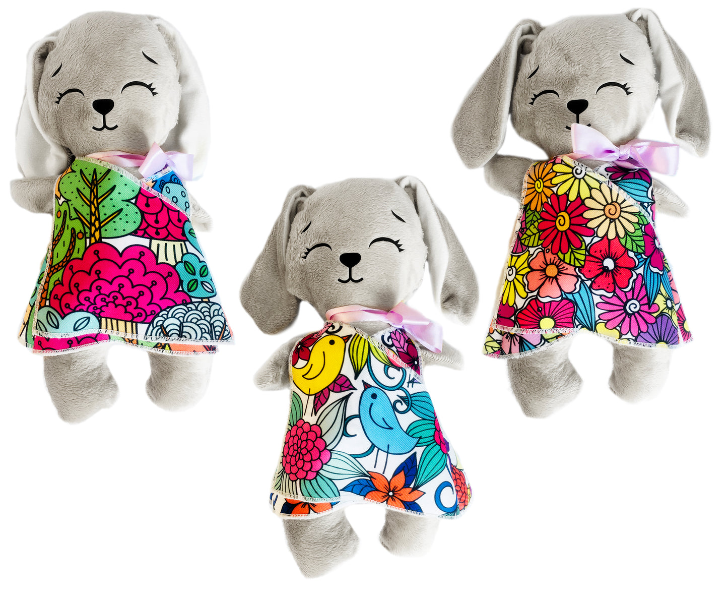 Conejo de peluche gris con 3 vestidos para colorear completamente lavables incluye set de plumones