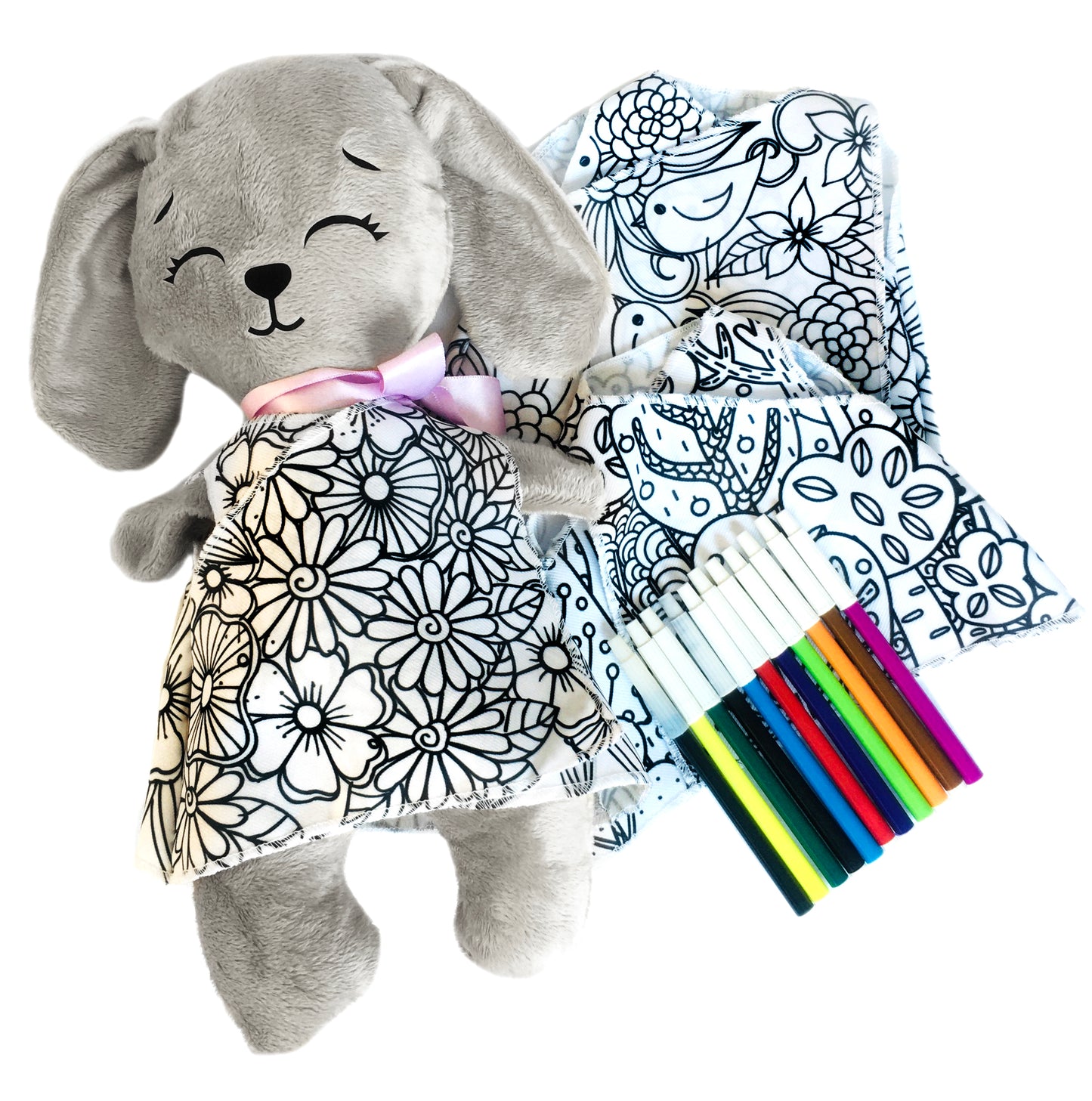 Conejo de peluche gris con 3 vestidos para colorear completamente lavables incluye set de plumones