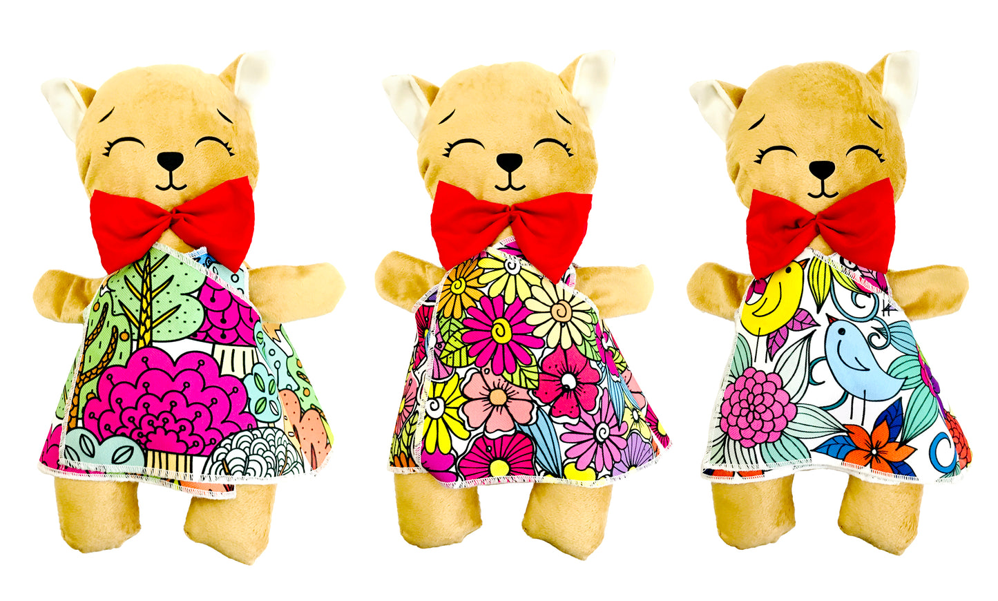 Gato de peluche beige con 3 vestidos para colorear completamente lavables incluye set de plumones