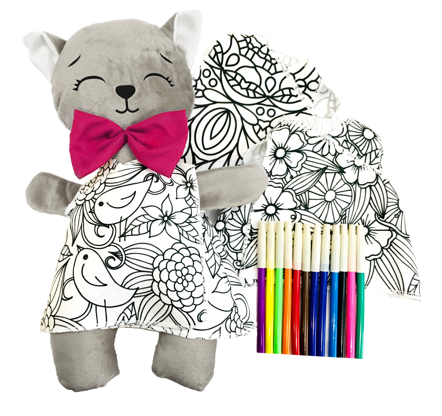 Gato de peluche gris con 3 vestidos para colorear completamente lavables incluye set de plumones