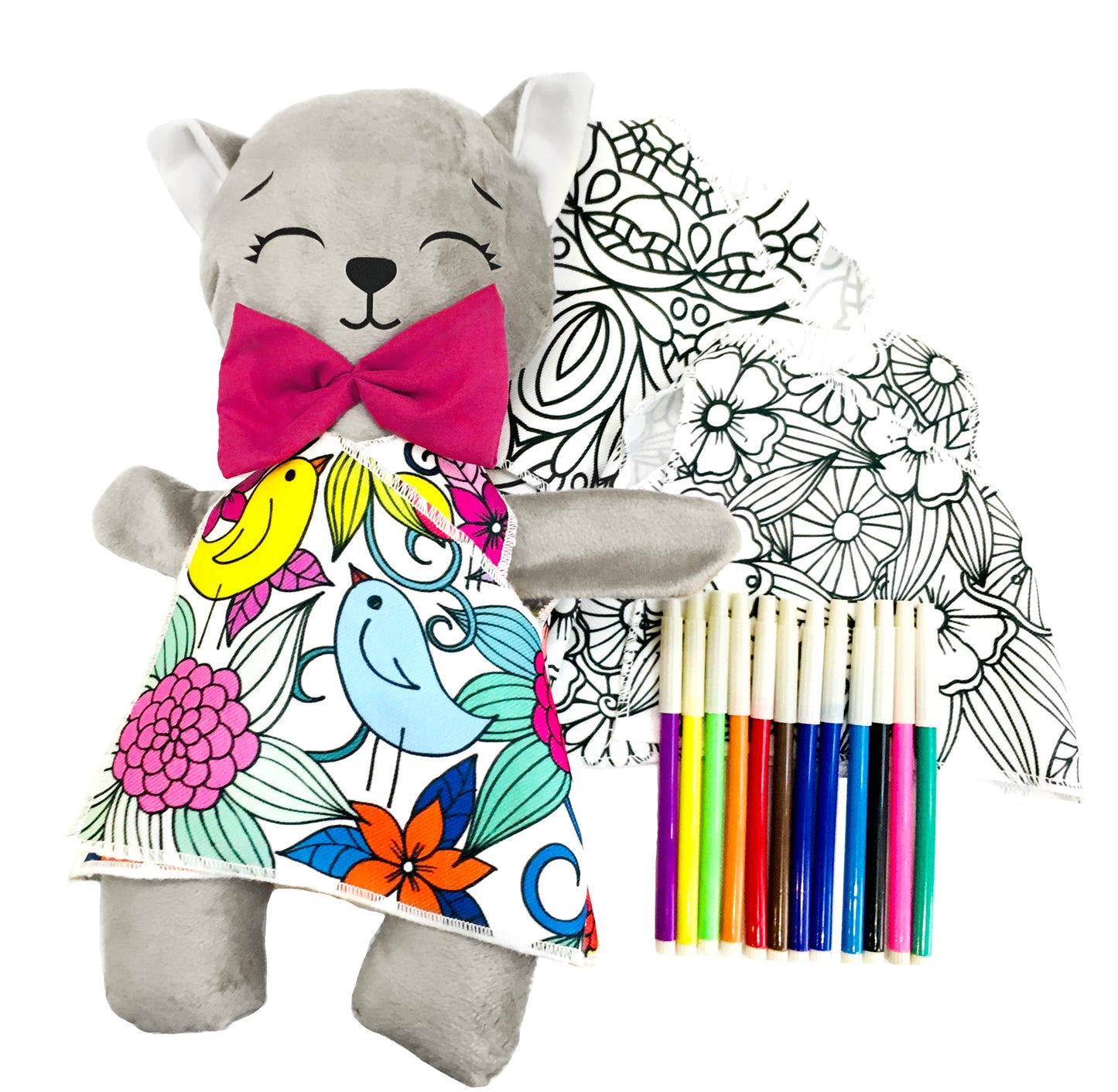 Gato de peluche gris con 3 vestidos para colorear completamente lavables incluye set de plumones