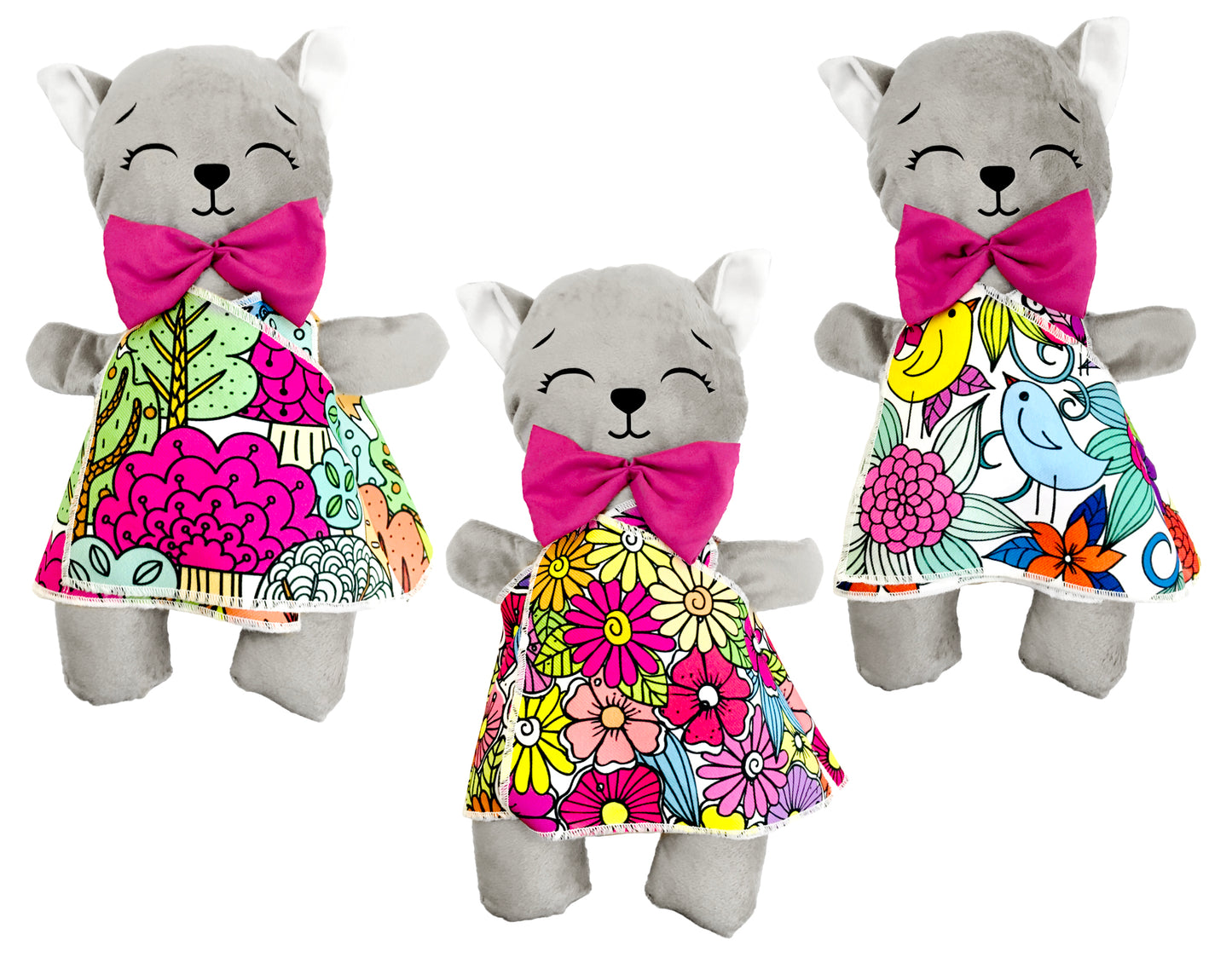 Gato de peluche gris con 3 vestidos para colorear completamente lavables incluye set de plumones