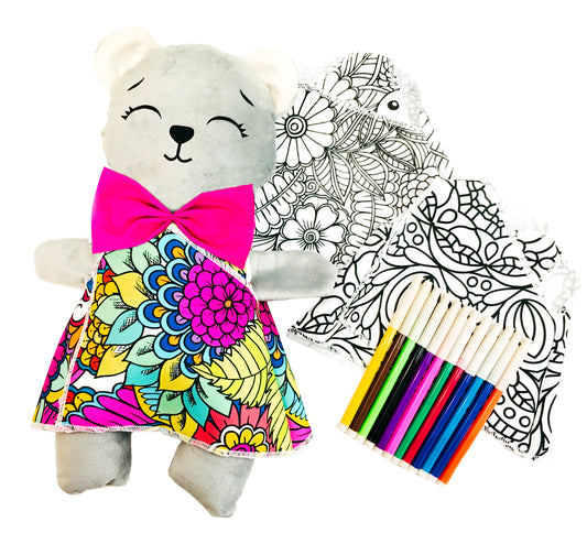 Oso de peluche gris con 3 vestidos para colorear completamente lavables incluye set de plumones