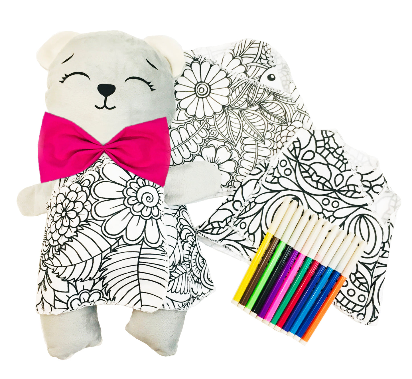 Oso de peluche gris con 3 vestidos para colorear completamente lavables incluye set de plumones