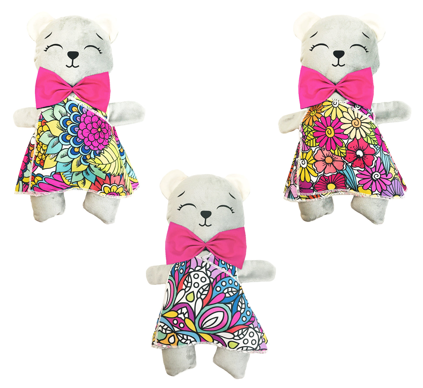 Oso de peluche gris con 3 vestidos para colorear completamente lavables incluye set de plumones