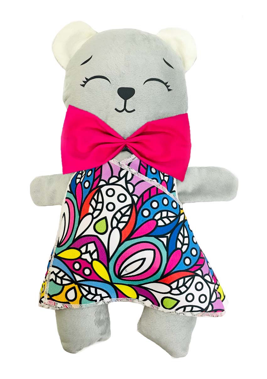 Oso de peluche gris con 3 vestidos para colorear completamente lavables incluye set de plumones